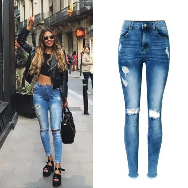 Suvance High Waist Stretchable Cotton Washed Holes Spring Fashion Pencil Jeans Quality Material Trousers|pencil jeans|high waistjeans trousers |