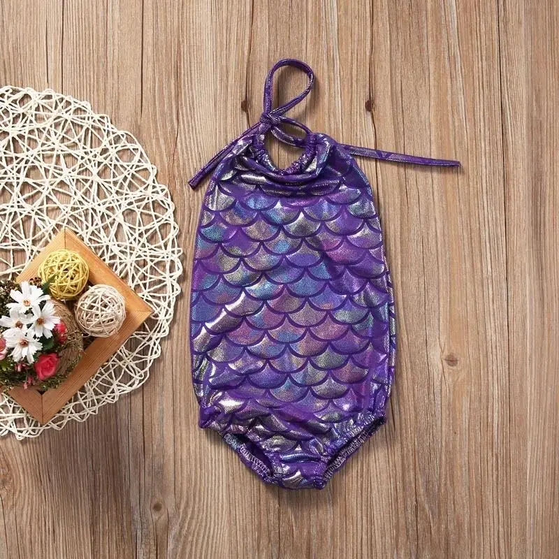 Разноцветный цельный купальный костюм русалки с лямкой на шее для маленьких
