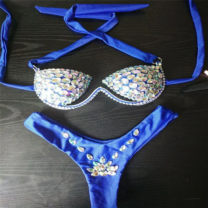Shiny Crystal Rhinestones Bathing Suits Bandage Hollow Out Padded Sexy Tight Bikini Set Summer Beach Pool Women Swimming Suits - Цвет: Синий