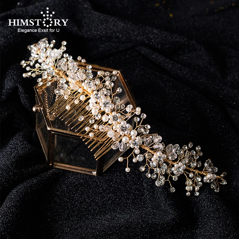 

New Handmade gold Hair Accessories Crystal Pearl Long Hair Comb Rhinestone Wedding Women Tiaras Hair Jewelry Hairband For Bride