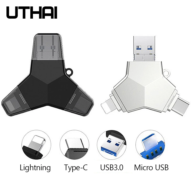UTHAI T82 USB3.0 металлический флеш-накопитель 4в1 для iPhone, флеш-накопитель type-c/Lightning/MicroUSB/USB3.0, металлический u-диск 64 ГБ 32 ГБ 128 ГБ