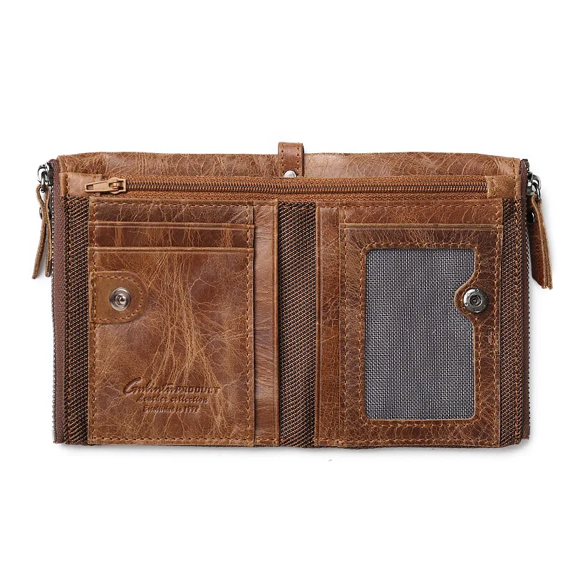 Retro Genuine Leather New RFID Mens Coin Purse Crazy Horse Double Zipper Wallet | Багаж и сумки