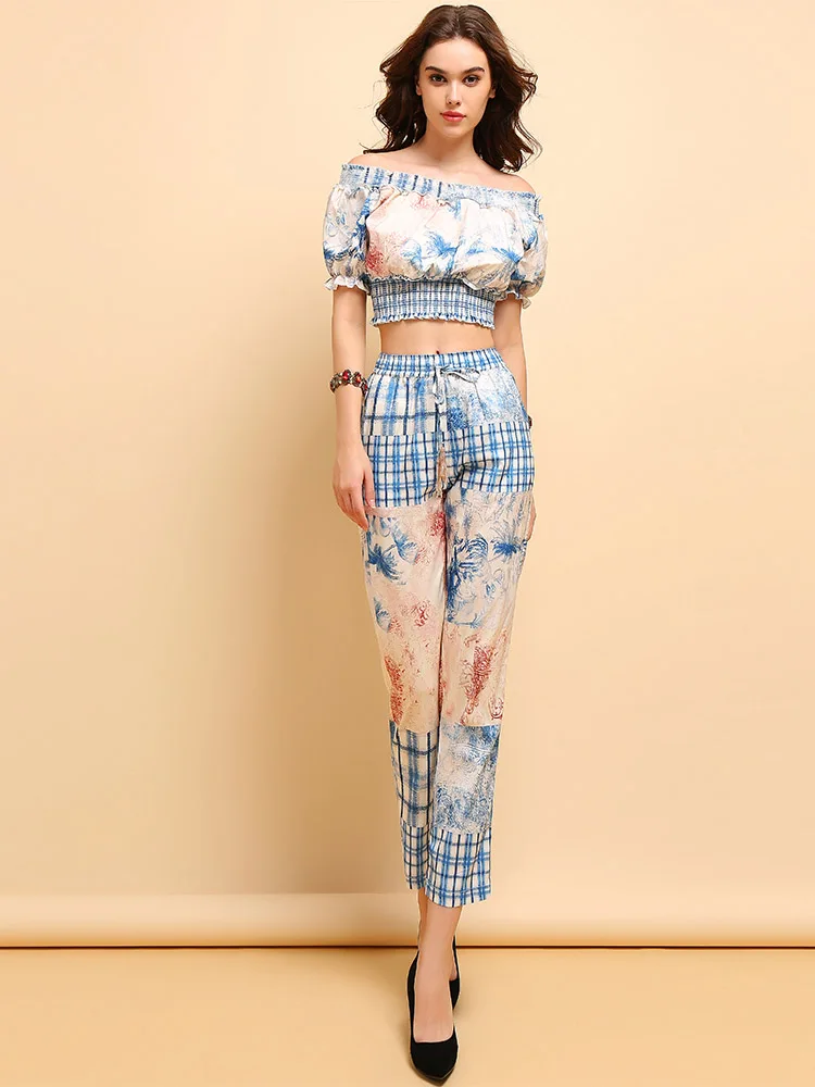 Многоцветный LD LINDA DELLA Fashion Summer Suits Women's Casual lantern Sleeve Elastica Tops+Elegant Floral Printed Long Pants 2 Pieces Set - Цвет: Многоцветный