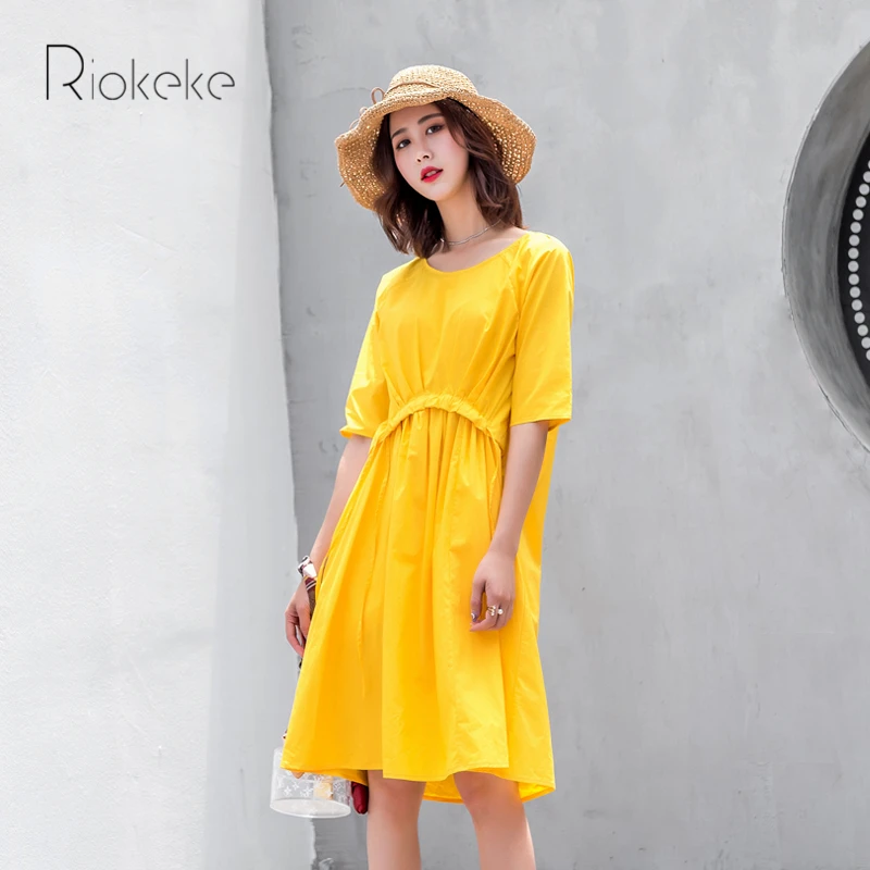 Riokeke манго желтое свободное женское платье летние женские платья 2018 с коротким