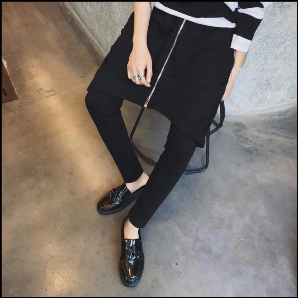 M-5xl Autumn New Men's Punk Faux Two Piece Personality Harem Pants Slim Trousers Skirt Tide Zipper Culottes Hairstyles Costumes | Мужская