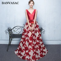 banvasac v neck lace appliques a line long evening dresses party bow sash backless satin prom gowns