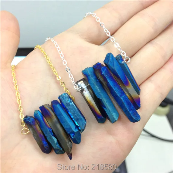 SN 053 Raw Blue Rainbow Aura кварцевое ожерелье с шипами Грубая Druzy стрелка точка Бохо
