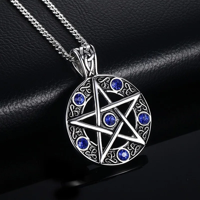 

Vintage Stainless Steel Pentacle Pendant Necklace Ancient Magic Blue Stones Link Chains for Men Retro Start Amulet Jewelry