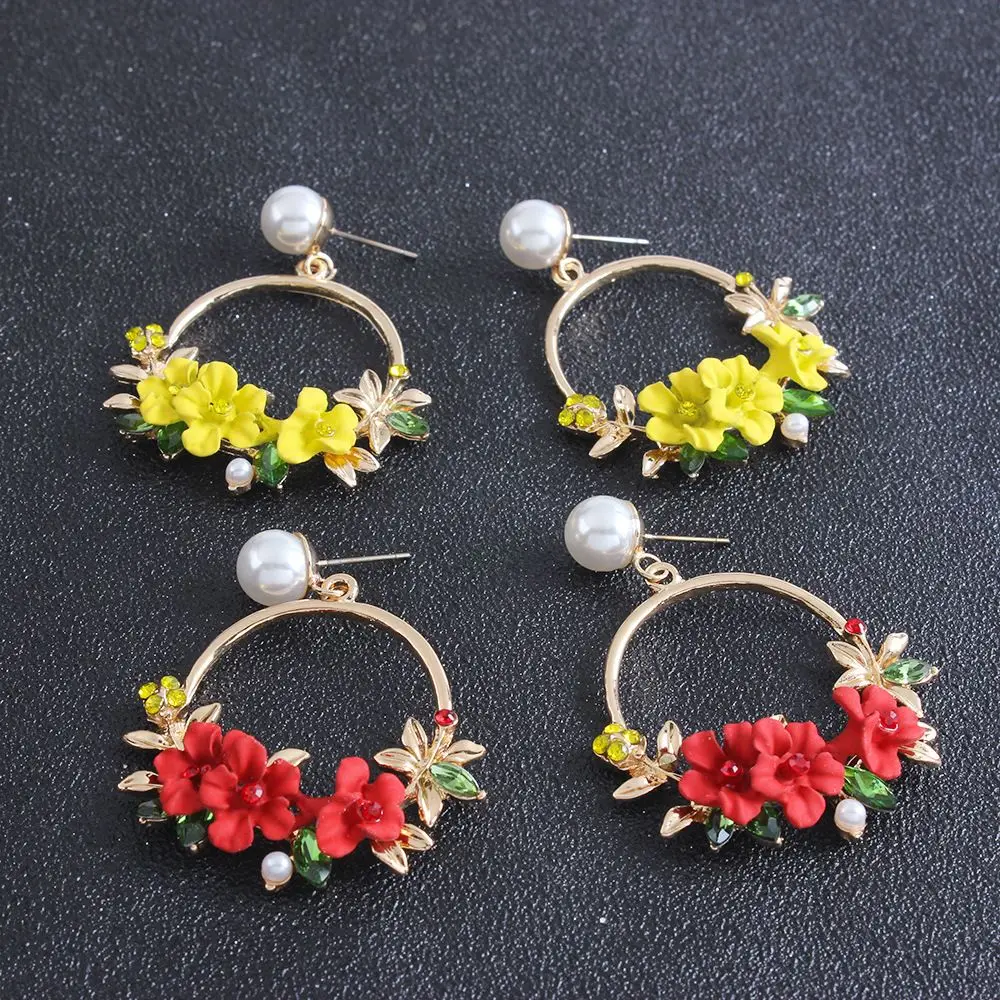 Fashion Simulated Pearl Earrings Elegant Circle Flower Drop for Women Sweet Resin Rhinestone Earring Jewelry|Серьги-подвески| |