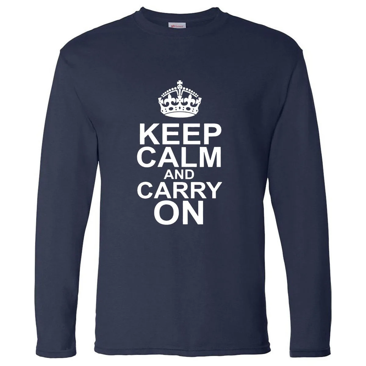 Мужская футболка с длинным рукавом Keep Calm And Carry On белая из 100% хлопка буквенным