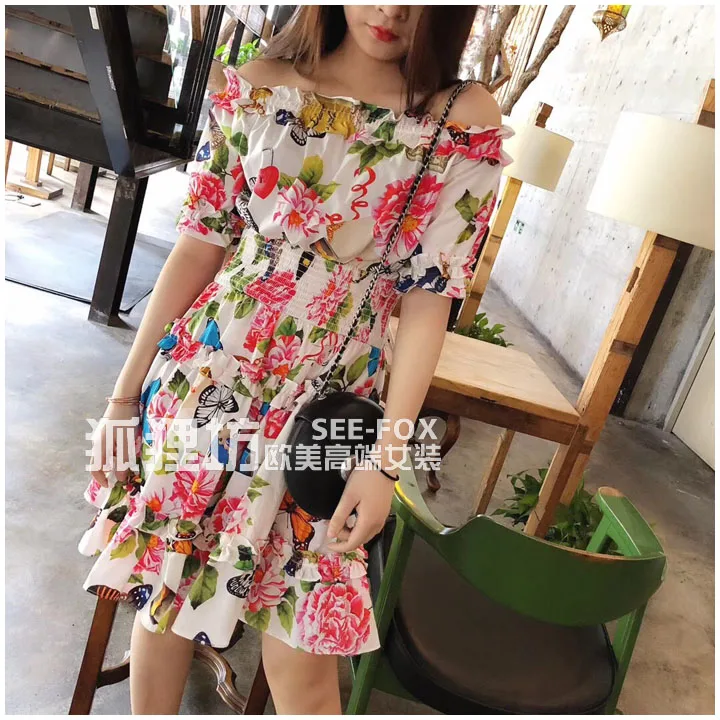 

HIGH QUALITY New Fashion 2018 Designer Runway dress summer floral print slash neck expasnsion off the shoulder cotton dress new