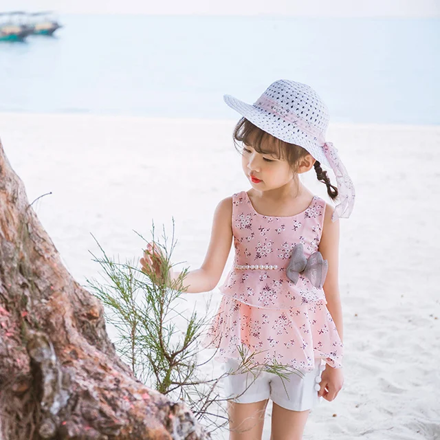 

Summer Children Clothing Suits 2018 Girls Bow Pearl Vest Shorts Hat Clothes Sets Floral Toddler Girl Kids Outfits