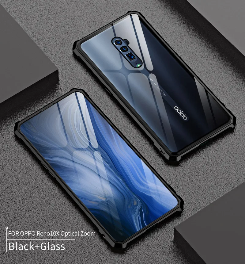 Black Роскошный Алюминиевый металлический бампер, защитный чехол для OPPO Reno 10x Zoom, чехол, противоударный, прозрачный, стеклянный, задняя крышка, OPPO Reno 10X Zoom coque - Цвет: Black