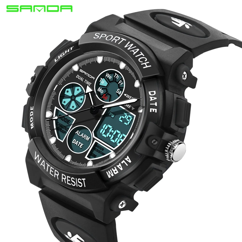 SANDA детские часы спортивные светодиодный водонепроницаемый с двумя дисплеями