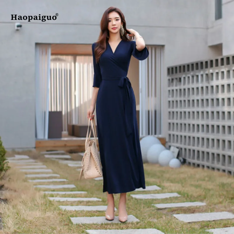 

Plus Size Straight Dress Autumn Women Blue Half Flare Sleeve V-neck Bow Ankle-length Elegant Office Dress Vintage Korean Dresses