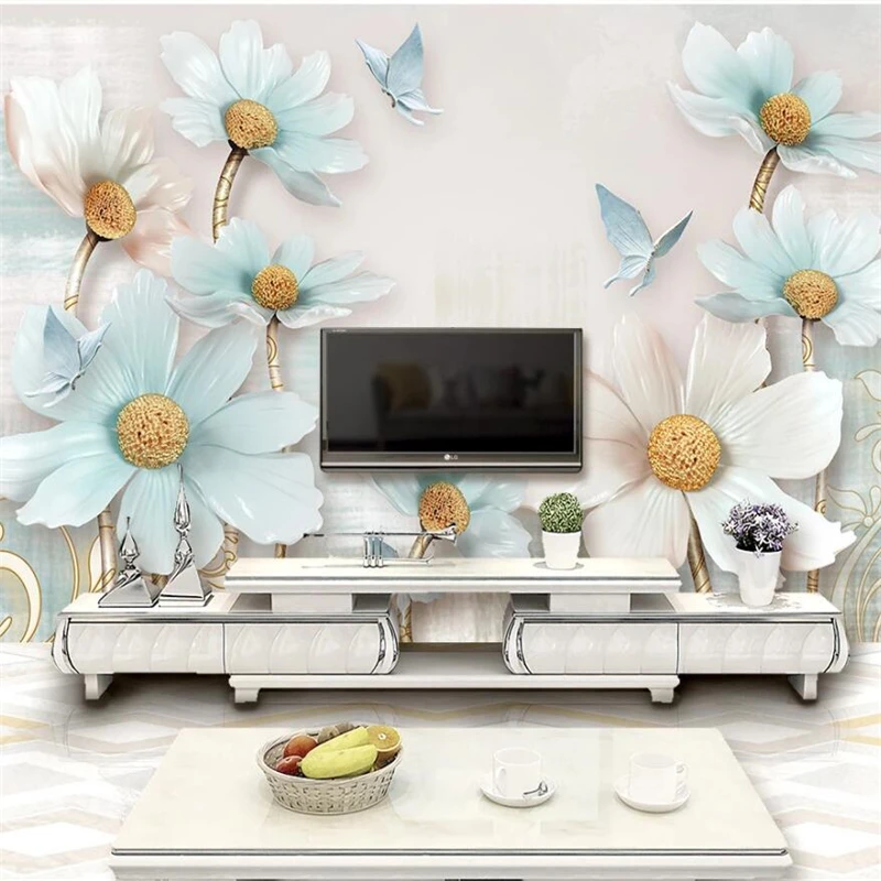 wellyu Custom wallpaper 3D murals embossed jewelry chrysanthemum fresh retro TV background wall living room bedroom | Обустройство