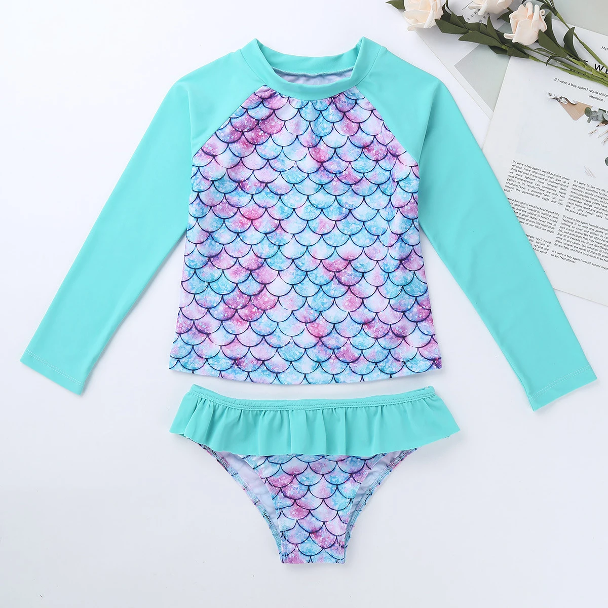 Купальник для маленьких девочек из двух предметов с принтом в виде рыбьей чешуи и