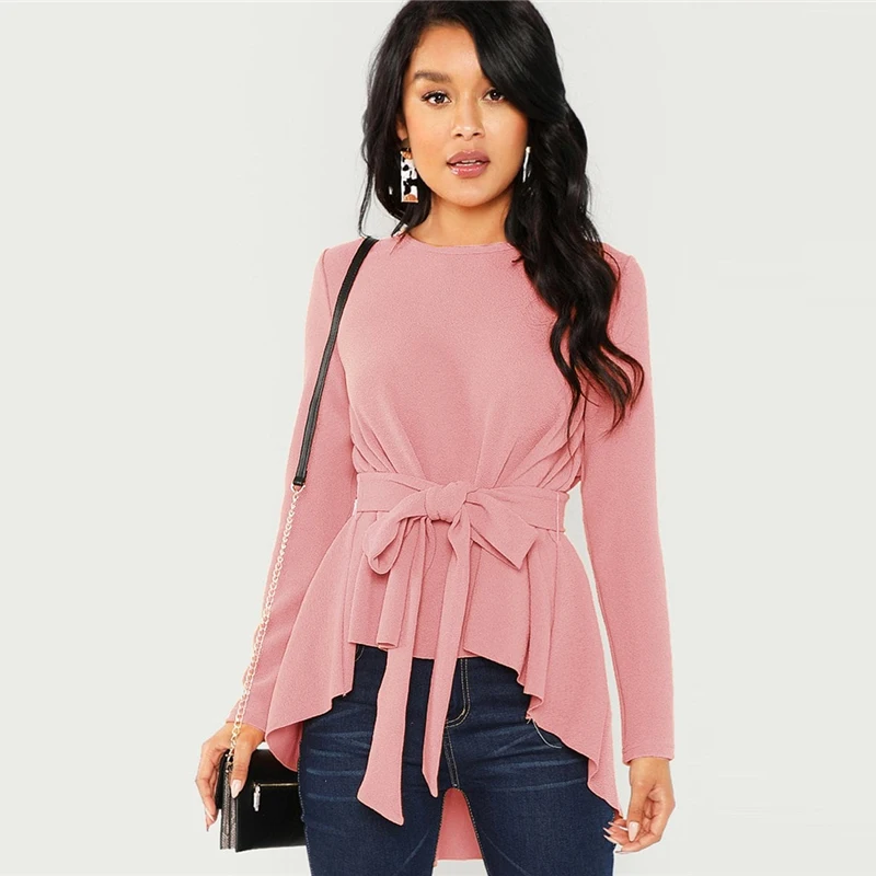 Dotfashion, розовые, с поясом, асимметричный подол, Женские топы и блузки, осень, повседневная женская одежда, с длинным рукавом, простые рубашки