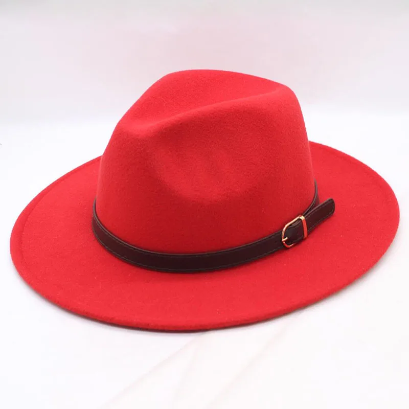 

Hot Selling New Belt Decoration Solid Color Fedoras Autumn Winter Men's Hat Jazz Vintage Wool Women's Felt Hat Male Large Size