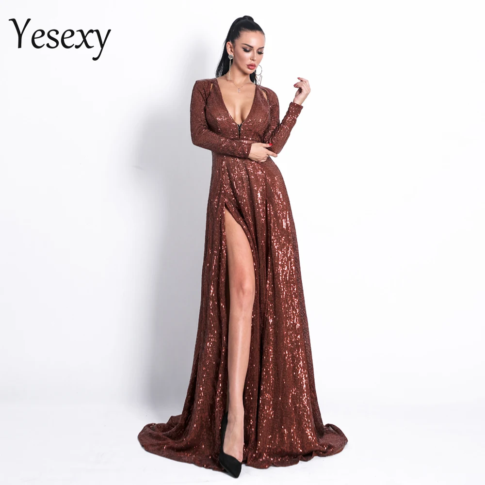 Yesexy 2020 женское сексуальное платье с глубоким v образным вырезом и длинным рукавом