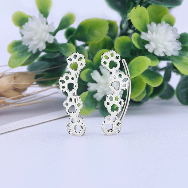 925 Sterling Silver Stud Earrings Fit Original Pandora Cute Paw Trail Cat And Dog Footprints Earring For Women Fashion Jewelry