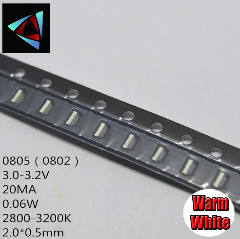100 шт. SMD 0805(0802) светодиодный белый красный зеленый желтый синий теплый белый желтый зеленый оранжевый светильник - Цвет: Тёплый белый