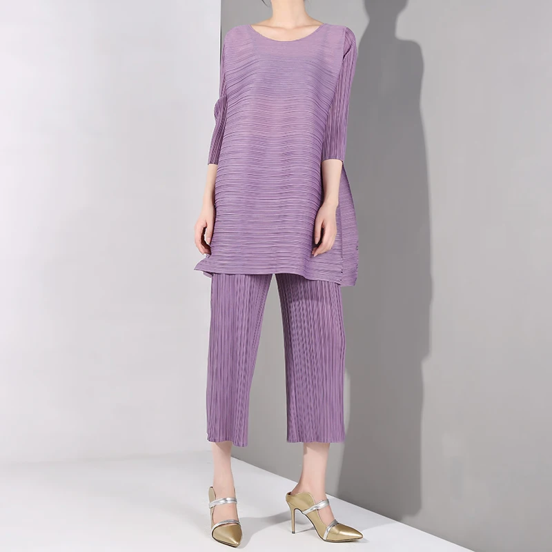 purple LANMREM, новинка, весна-лето, круглый вырез, рукав три четверти, плиссированные, свободные, широкие штаны, костюм из двух частей, женская мода, OA9 - Цвет: purple