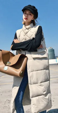 beige CHEERART Длинный жилет зимнее пальто женское без рукавов пуховик тонкий женский стеганый жилет Femme Корейский жилет Colete - Цвет: beige