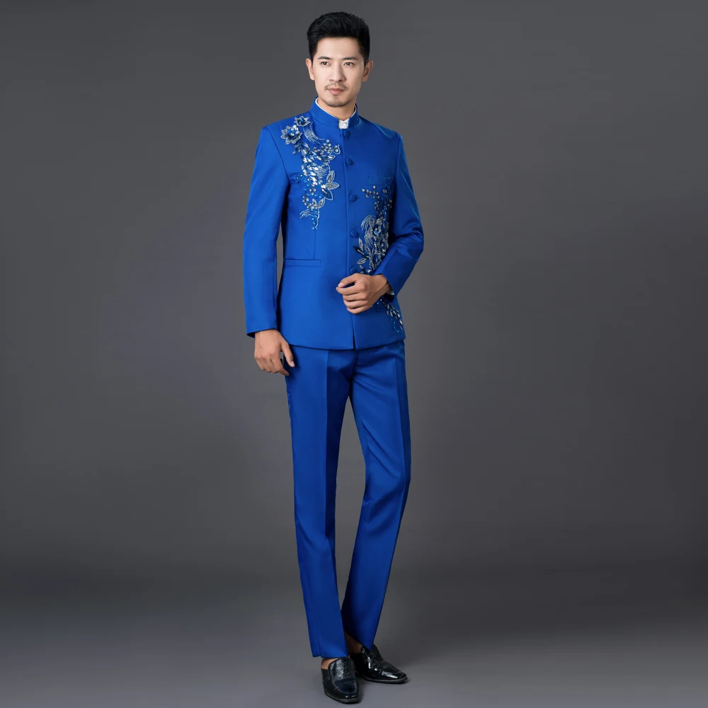 Мужские костюмы куртка и брюки модные черные блестки с вышивкой мужской костюм