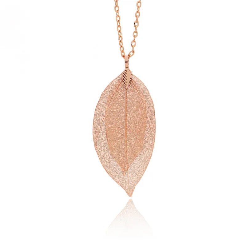 rose gold Модное ожерелье с кулоном в виде двойных листьев для женщин, ожерелье с натуральным настоящим листком, длинная цепочка, женские массивные украшения, вечерние украшения, подарок - Окраска металла: rose gold
