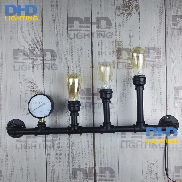 3 lights iron black pipe wall lamp vintage industrial water with gauge E27 fiting lighting sconce | Освещение