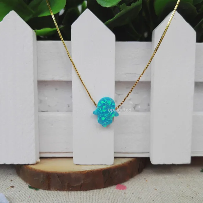 MOQ=1PC Free Shipping OP73 Tiffany Blue 11*13mm Synthetic Opal Hamsa/Hand 925 Silver Gold Chain Opal Necklace with High Quality