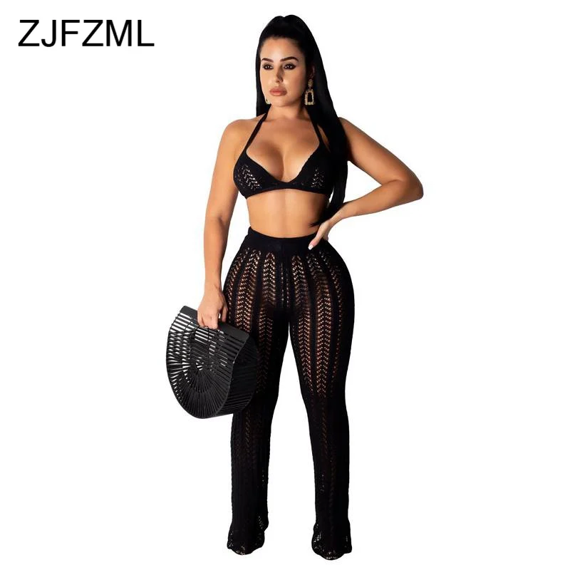 Hollow Out Knitted Fishnet 2 Piece Set Women Halter Backless Crop Tops + High Waist Transparent Wide Leg Pants Summer Tracksuit |