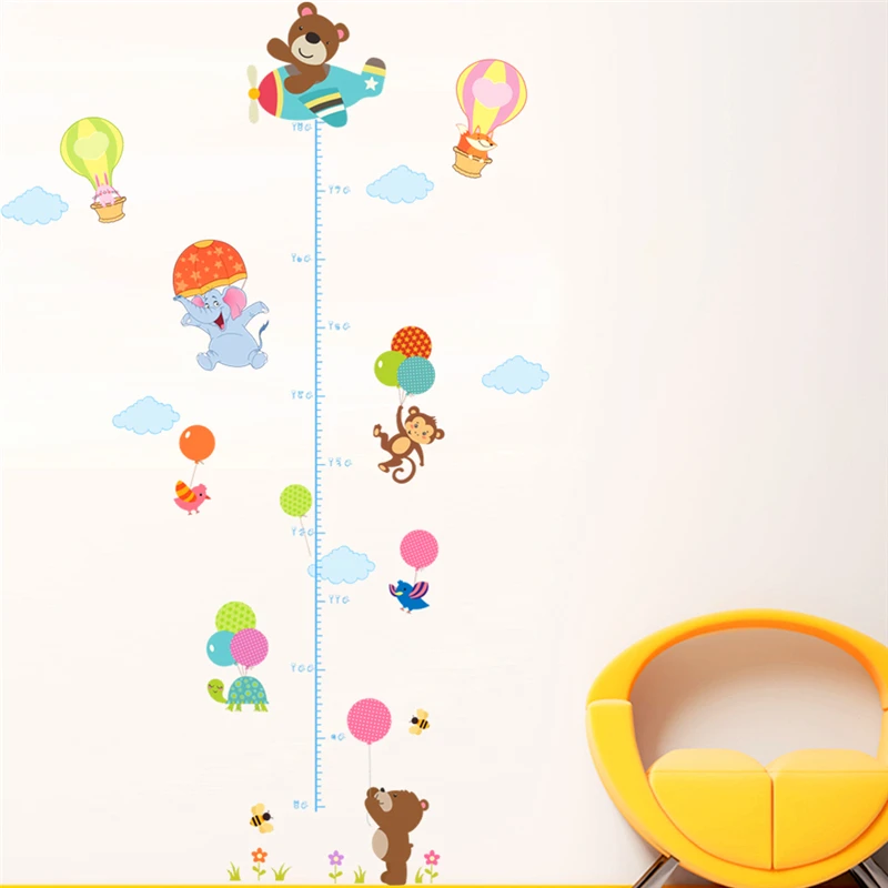 

cartoon aircraft bear elephant balloon height measure wall stickers for kids room growth chart animals wall art decals diy decor