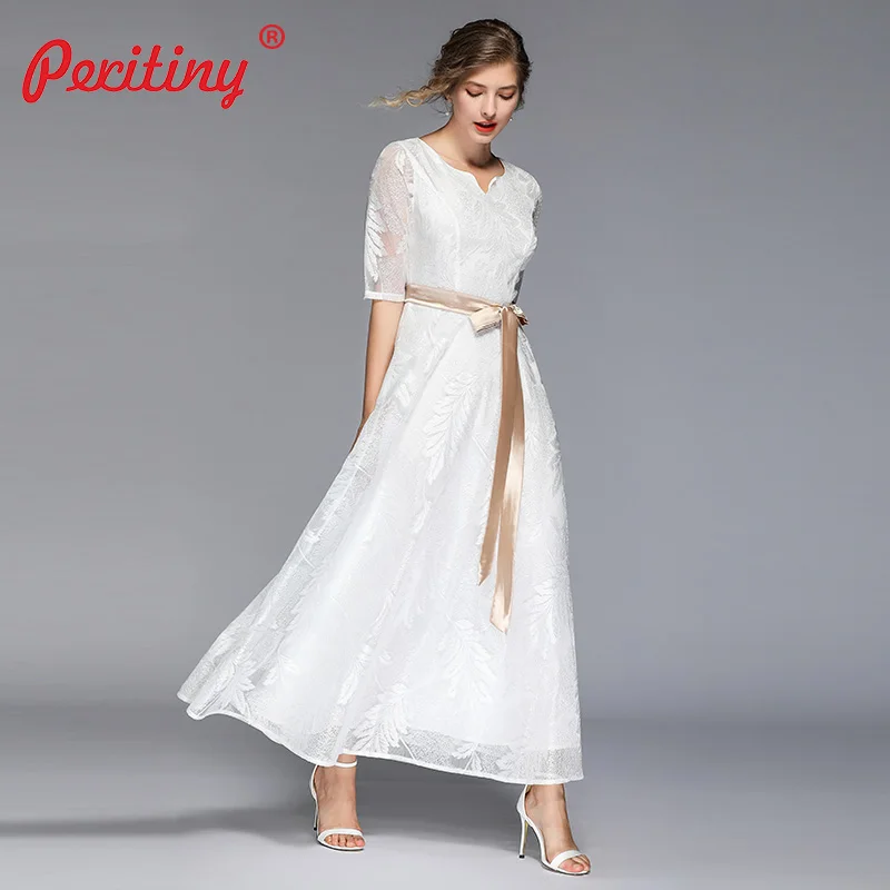Peritiny 2019 Летнее Длинное платье белое кружевное Мягкое с коротким рукавом и