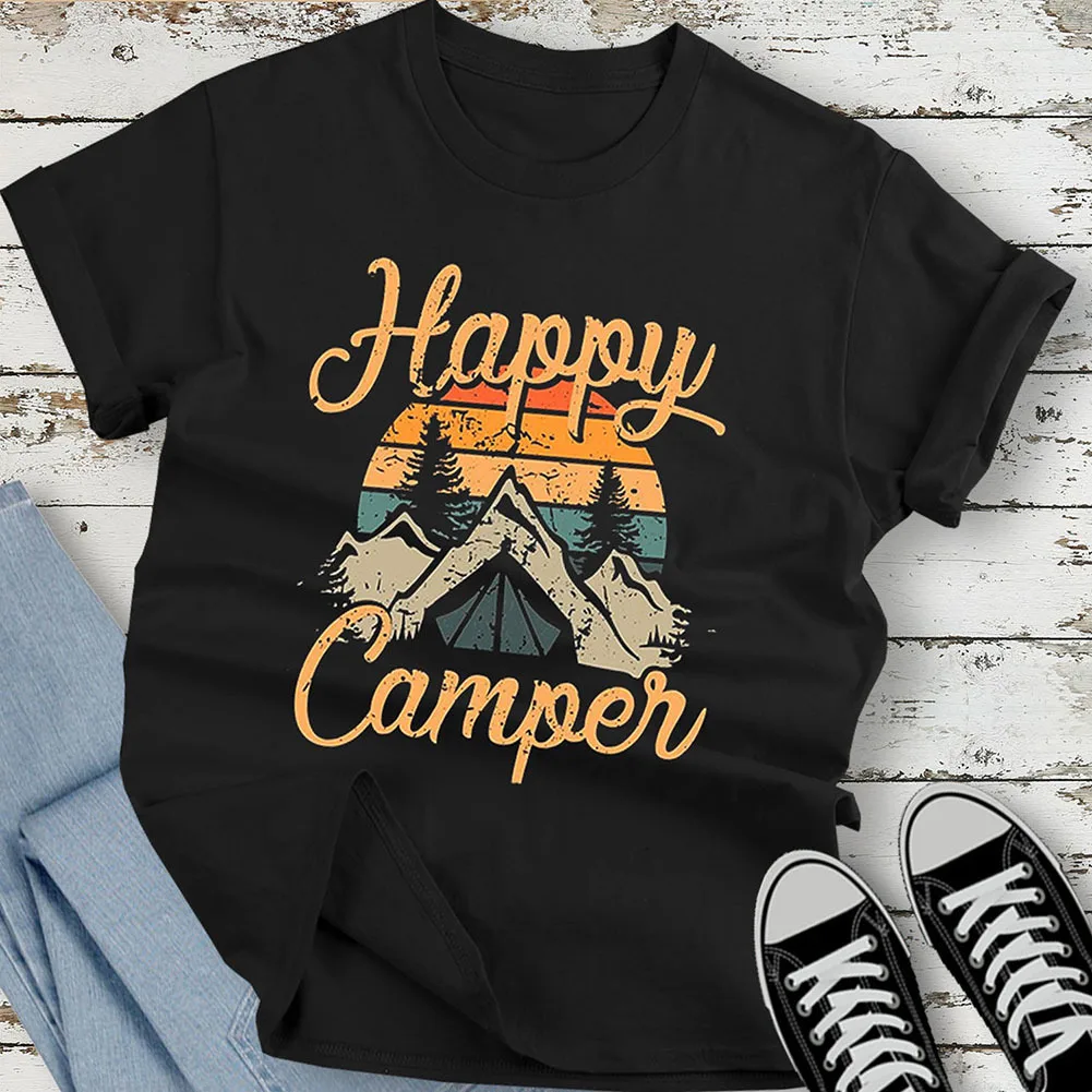 Happy Camper/женские футболки с буквенным принтом в стиле Харадзюку; Модные Повседневные базовые футболки с коротким рукавом и круглым вырезом; свободные футболки унисекс черного цвета