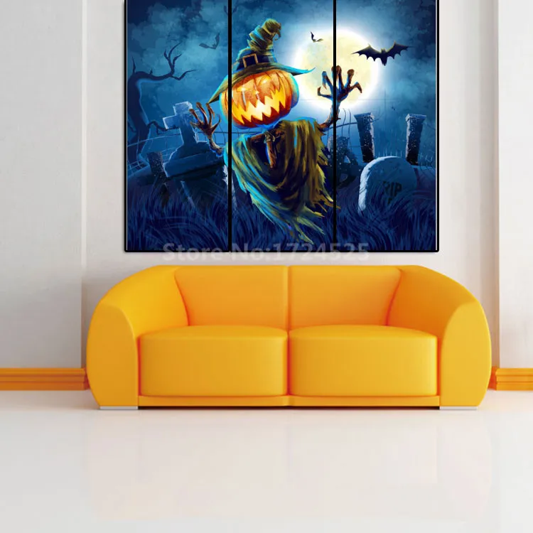 

3 Pieces Wall Art Happy Halloween Canvas Painting Machine Printed Pumpkin Skull Monster Wall Pictures Halloween Wall Decoration