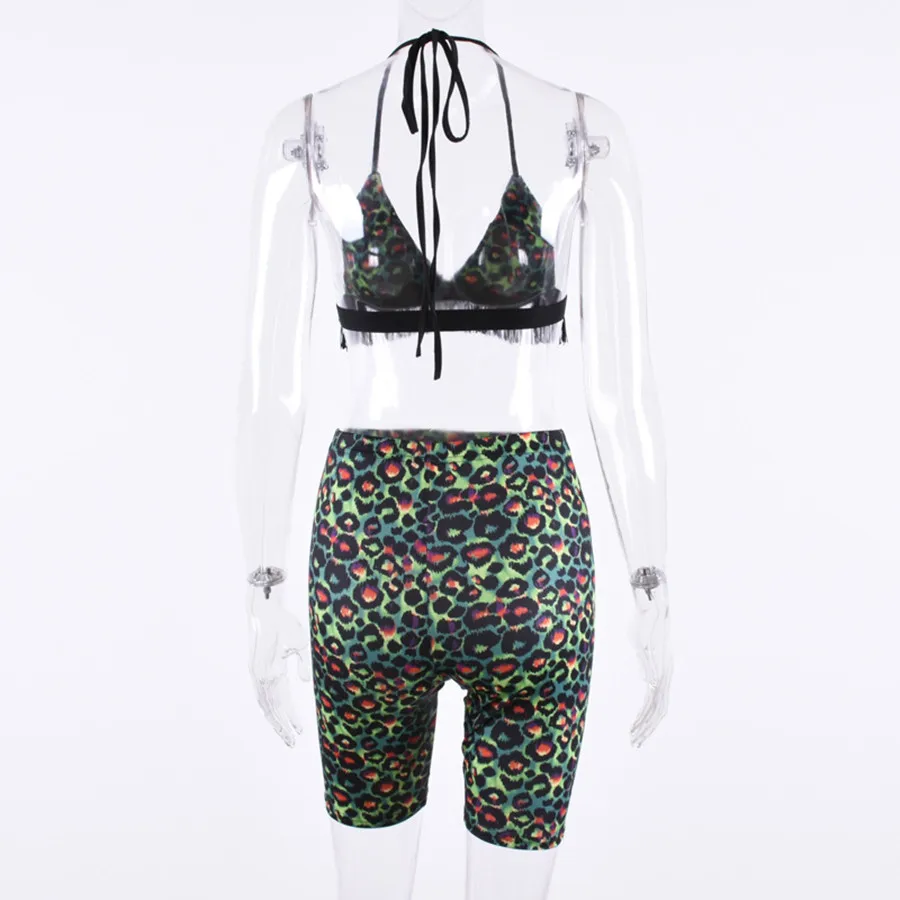 

Summer Green Leopard Print V-Neck Shorts Sets Women Two Piece Set Camis Top and Pants Sweat Suits Biker Shorts Joggers Sets