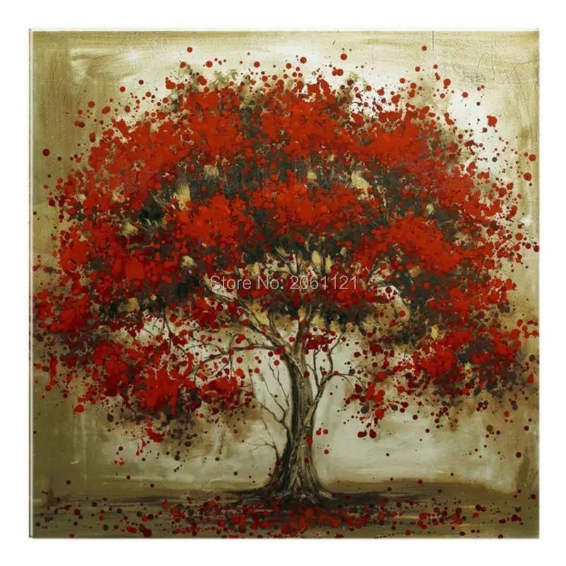 

hand painted large modern square canvas art cheap tree landscape oil painting on canvas red wall art picture for home decoration