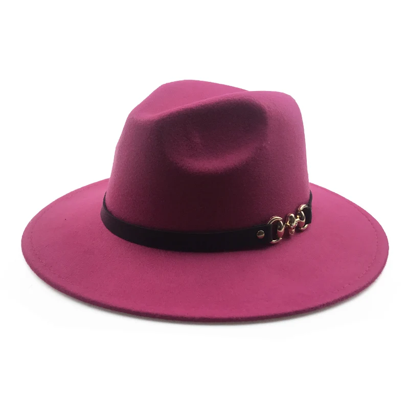 Rose Vintage Panam YY металлический пояс с черепом, фетровая Кепка для мужчин, зимние винтажные Трилби шапки для женщин, теплая фетровая Кепка с широкими полями, джазовые Панамы, 9 цветов 18126 - Цвет: Rose Vintage Panam