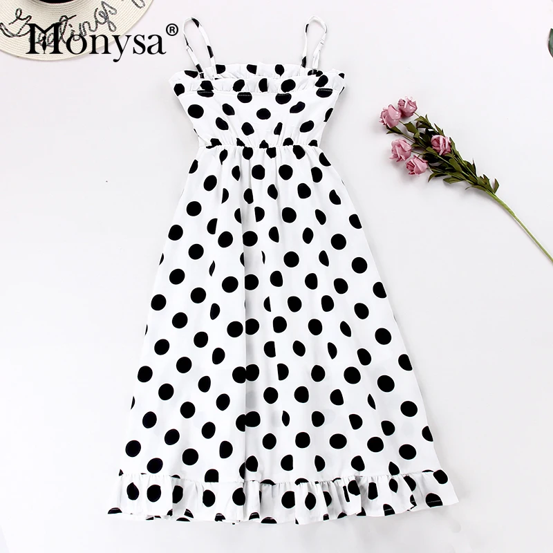 Женское винтажное платье в горошек Monysa повседневное белое миди без рукавов на
