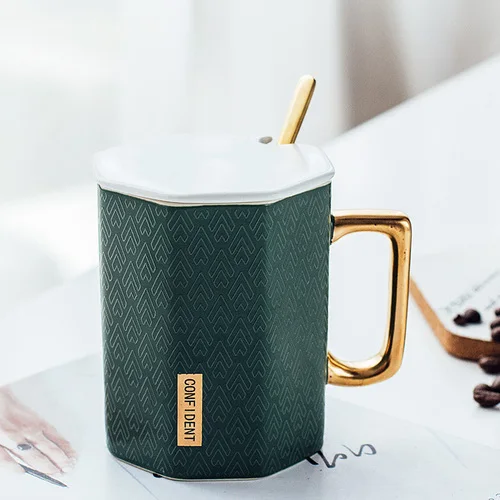 Japanese simple ceramics Mark Cup INS Women's Creative Office Couple coffee cups Home water mug with cover spoon - Цвет: -350ML