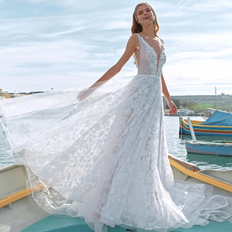 Сексуальное платье с глубоким v-образным вырезом, цвета слоновой кости, Vestidos De Novia, цельное кружевное платье, часовня, шлейф, Weding,, горячая Распродажа, свадебное платье-бохо