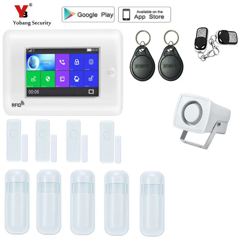 Yobang Security 4.3inch TFT LCD House Office Burglar Intruder WIFI Alarm System With Glass Break Sensor Android IOS APP Control |