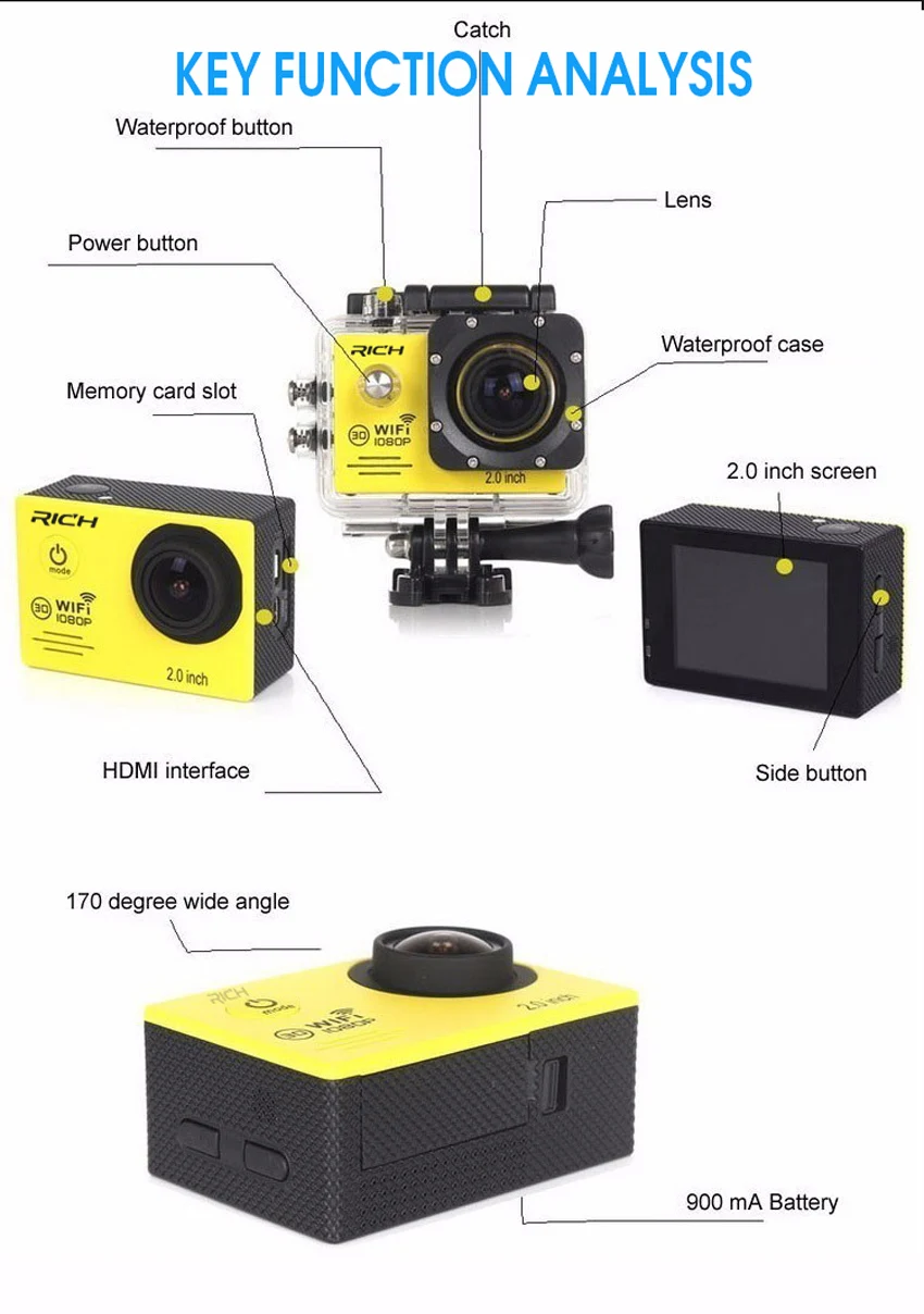 Новая экшн-камера Full HD 1080P 30FPS богатый Stlye Novatek96655 Wifi Водонепроницаемая 30 М камера для дайвинга на открытом воздухе