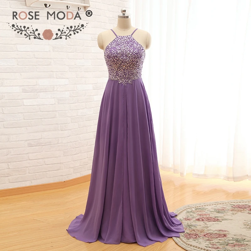 

Rose Moda Bling Purple Floor Length Evening Dress Backless Crystal Formal Party Dress 2018