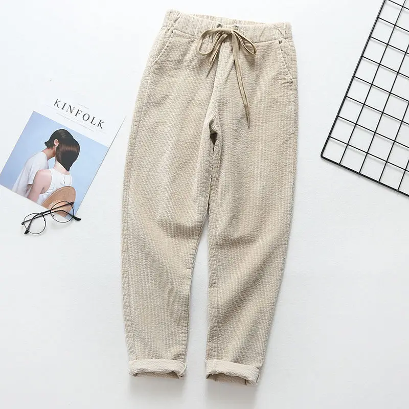 beige white Вельветовые женские брюки, новинка, свободные, на шнуровке, с эластичной резинкой на талии, шаровары, Осень-зима, вельветовые Теплые длинные брюки для женщин, Pantalon C5119 - Цвет: beige white