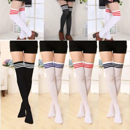 

Women Cable Knit Long Stripe Over Knee Thigh High School Girl Stocking