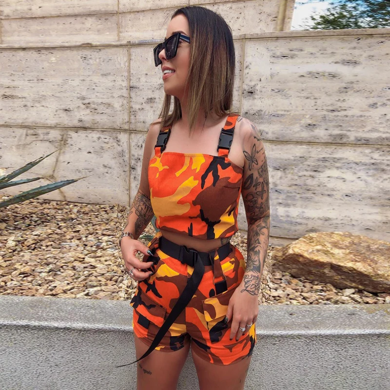 Dulzura summer women two piece set shorts set camouflage streetwear crop top outfit cargo pocket tracksuit 2 piece clothes