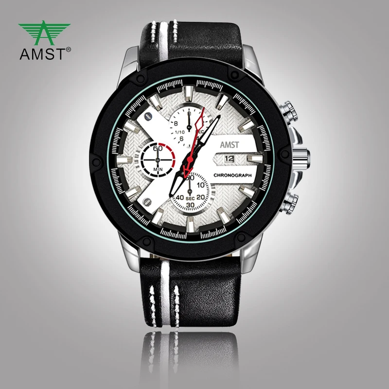 AMST модные мужские часы кожа водонепроницаемые спортивные с хронографом Топ